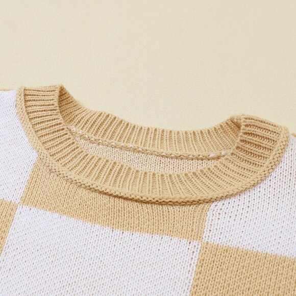 Khaki Checkered Bishop Sleeve Sweater - Picture 11 of 15